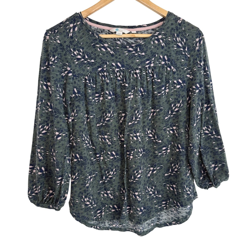 Boden Floral Slub Cotton Blouse Sz S Green Prairie Boho Cottagecore Peasant Top
